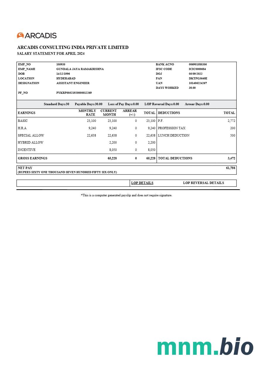 Arcadis Consulting India Pension statement template w formatach Word i PDF
